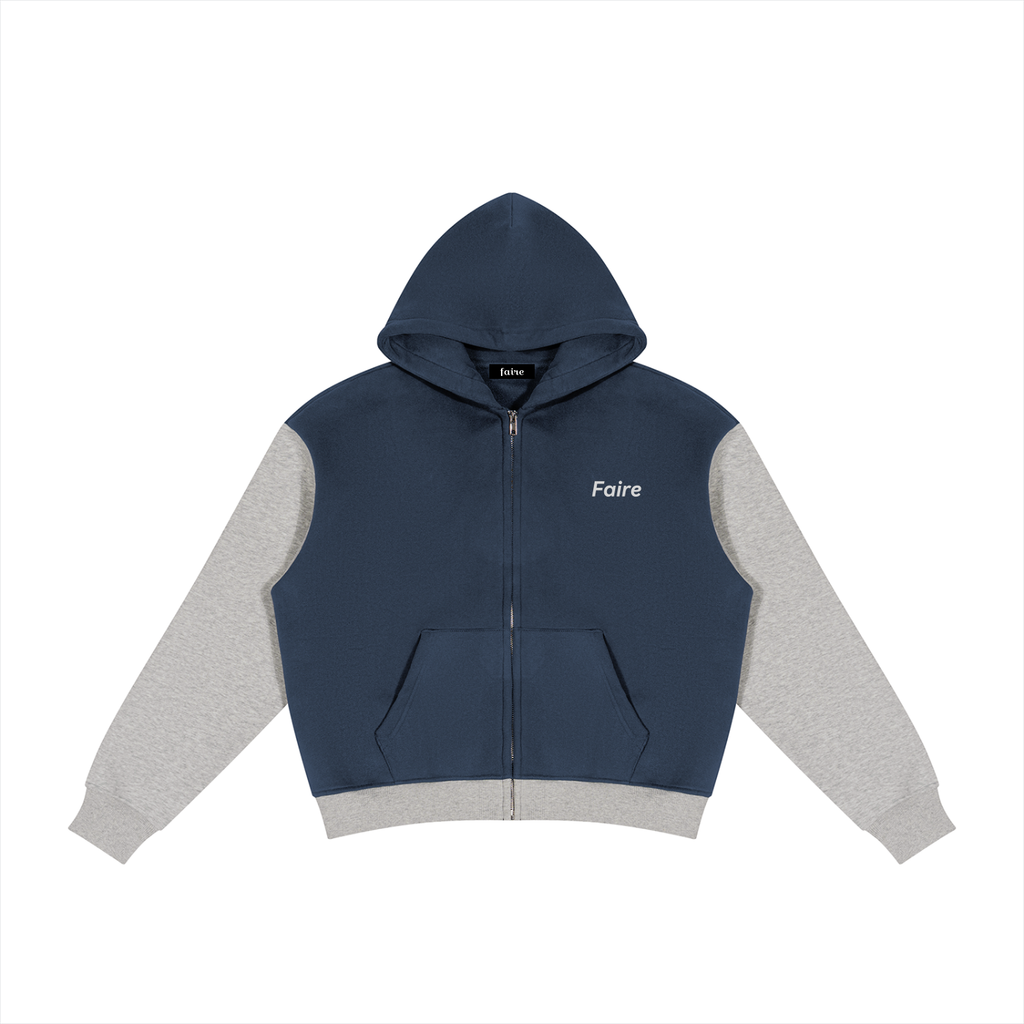 Faire | “Simple Blue and Grey” | Unisex Color Block Fleece Full Zip Hoodie
